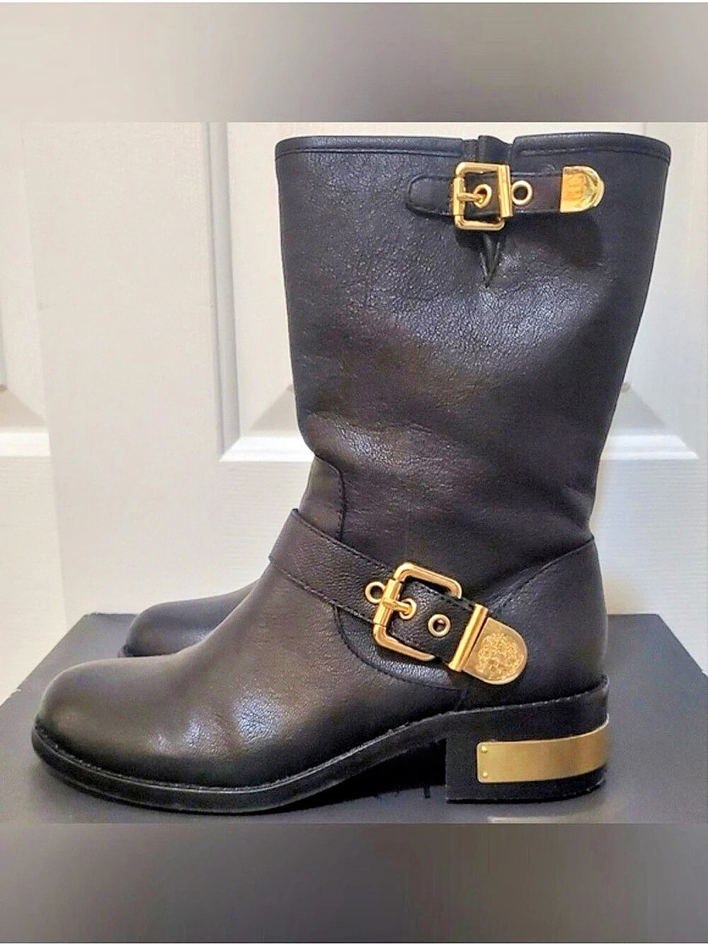 Vince Camuto Winchell Boot Buckle Detail Black Heeled Boots